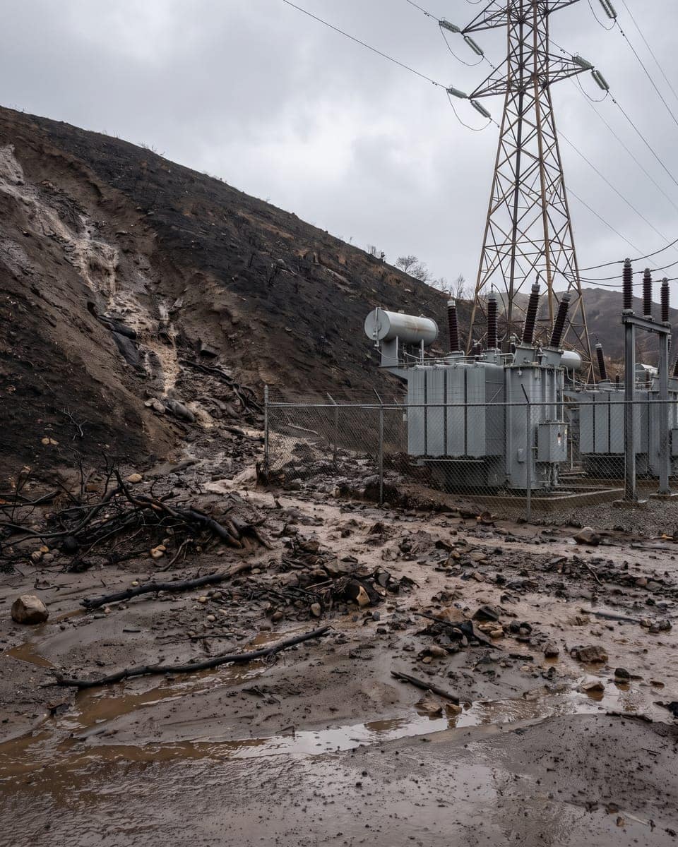 Post-fire debris flow of mud and charred material spread across ground below a burned slope, beside an electrical substation.